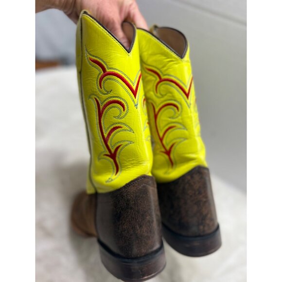 Old West Youth Cowboy Boots Size 7 D Neon Yellow & Brown Leather - Picture 5 of 11